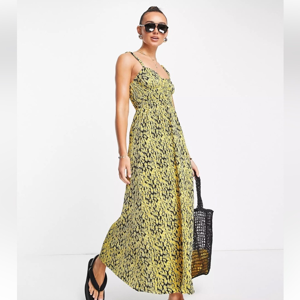 ASOS DESIGN Plisse Strappy Maxi Dress in Yellow Daisy Print Cottagecore